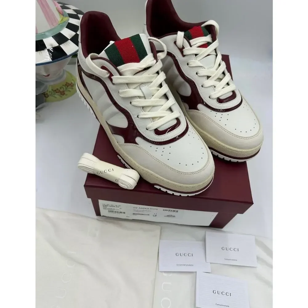 Men's Gucci re-web sneakers in white leather and patent trim sz 11 fits 11.5 US